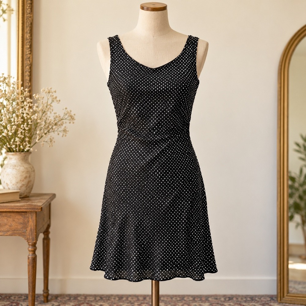 DKNY Black Silver Metallic Polka Dot Cowl Back Sleeveless Cocktail Dress Size 12